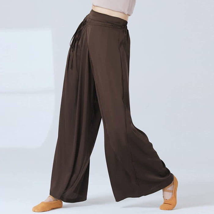 Flowy Silk Lace Up Wide Leg Pants - Coffee / M