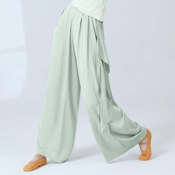 Flowy Silk Lace Up Wide Leg Pants - Green / M
