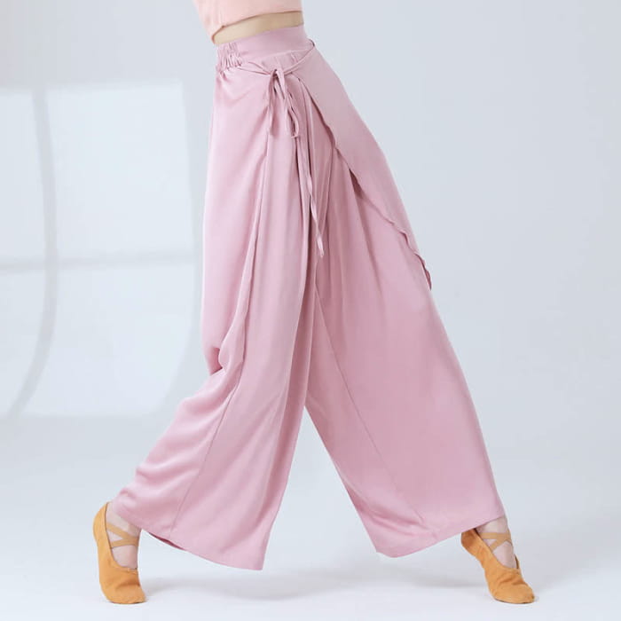Flowy Silk Lace Up Wide Leg Pants - Pink / M