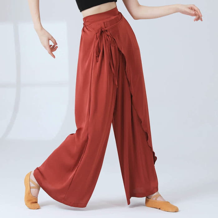 Flowy Silk Lace Up Wide Leg Pants - Red / M