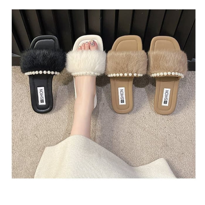 Fluffy Faux Pearl Slide Sandals