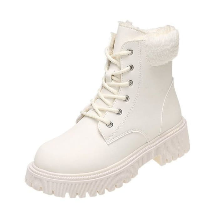 Fluffy Trim Lace-Up Platform Chunky Heel Boots - Off-White