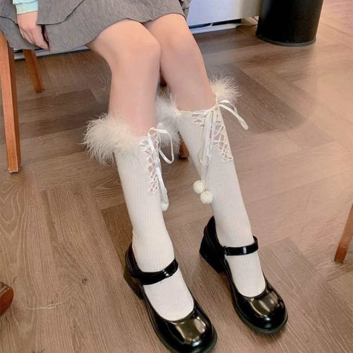 Fluffy Trim Long Socks - White / One Size