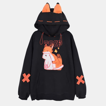 Fox Embroidery Pocket Loose Hoodie - Black / M