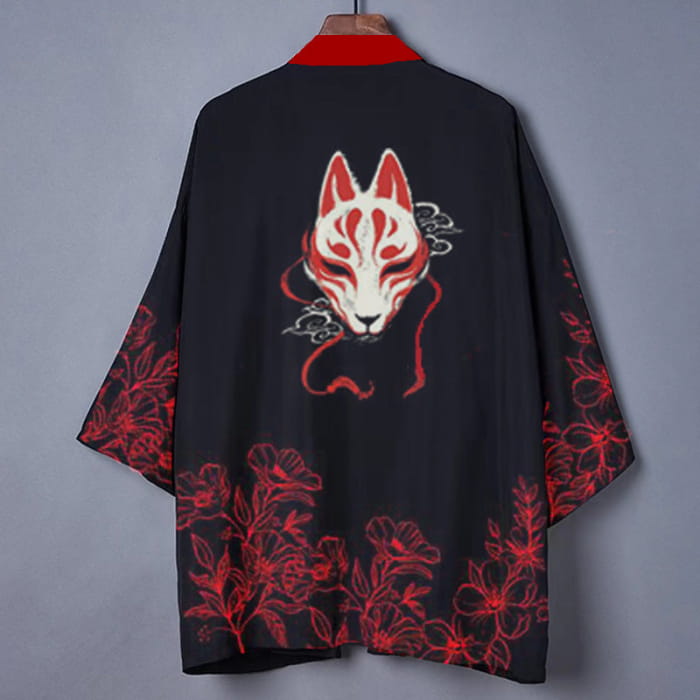 Fox Flower Red Print Cardigan Kimono - Black / One Size