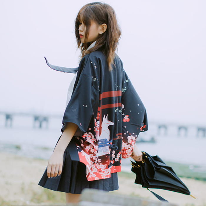 Fox Sakura Print Loose Cardigan Kimono Outerwear