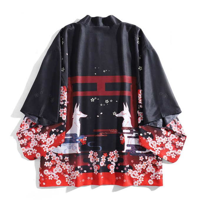 Fox Sakura Print Loose Cardigan Kimono Outerwear - Black / M