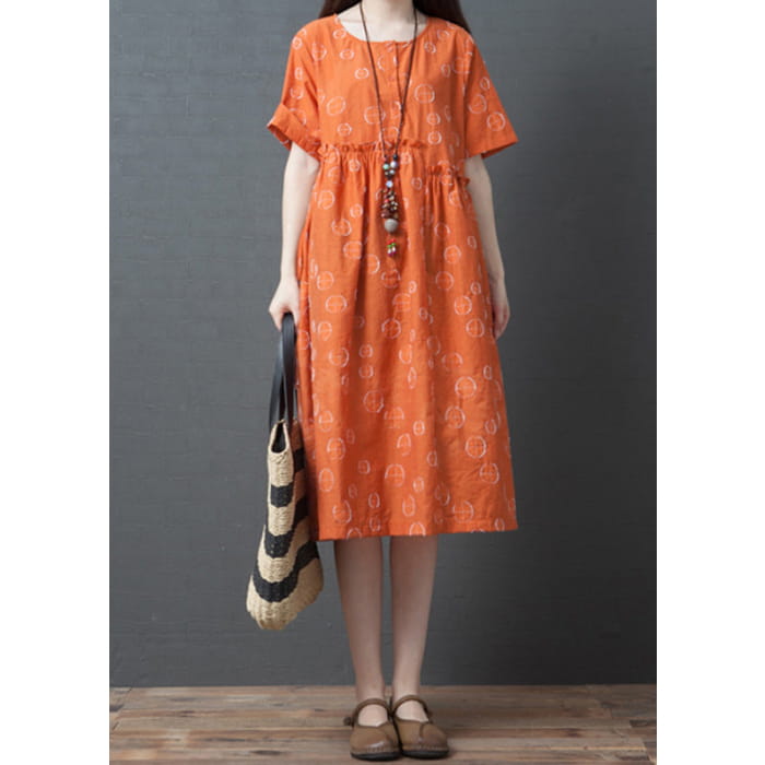 French Orange Dot Print Maxi Dress Short Sleeve VB1028