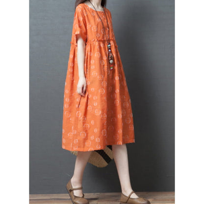 French Orange Dot Print Maxi Dress Short Sleeve VB1028