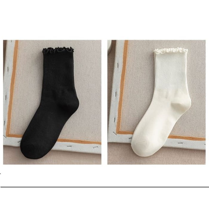 Frill Trim Plain Socks Set - Of 2 - Black & Milky White