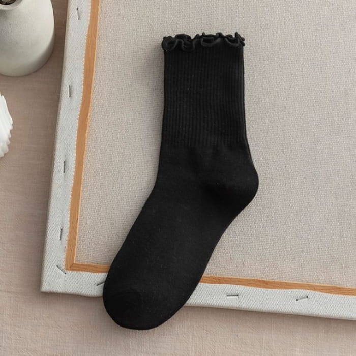 Frill Trim Plain Socks Set - Of 2 - Black / One Size