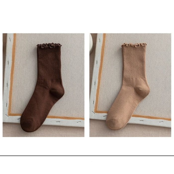 Frill Trim Plain Socks Set - Of 2 - Dark Coffee & Light