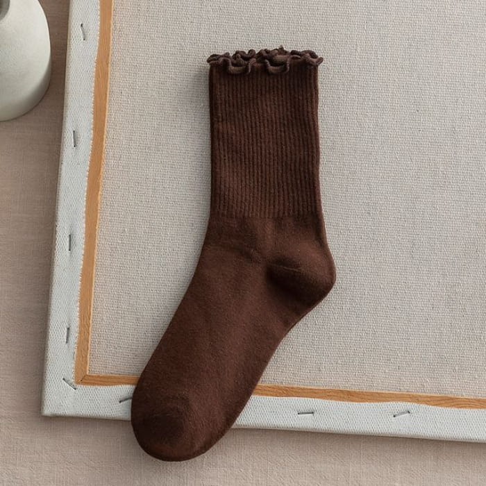 Frill Trim Plain Socks Set - Of 2 - Dark Coffee / One Size