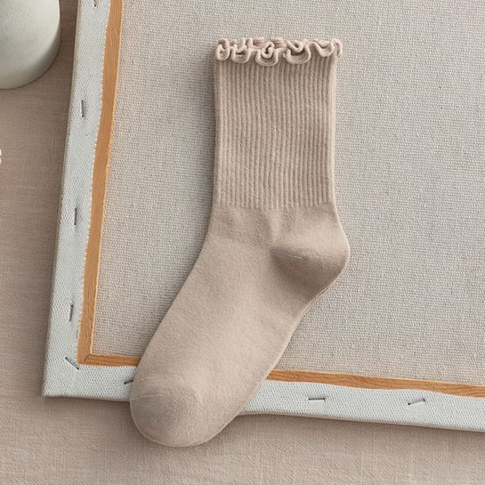 Frill Trim Plain Socks Set - Of 2 - Khaki / One Size