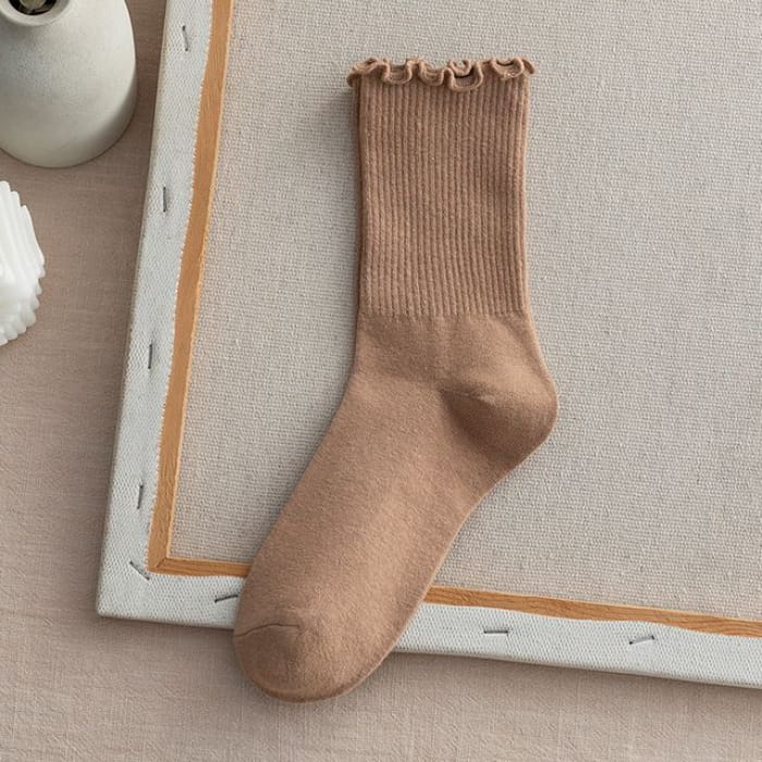 Frill Trim Plain Socks Set - Of 2 - Light Coffee / One Size