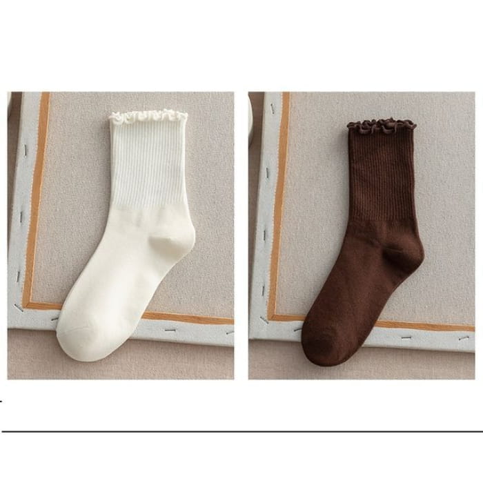 Frill Trim Plain Socks Set - Of 2 - Milky White & Dark