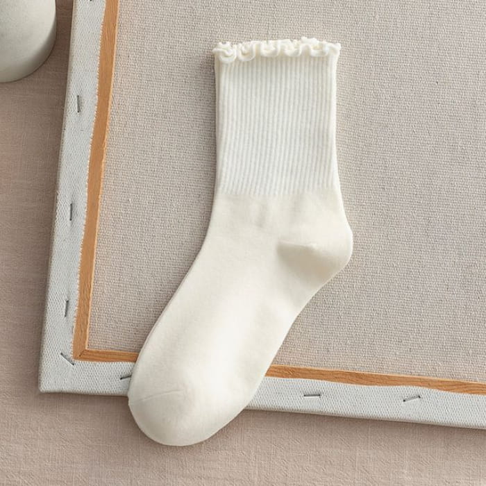 Frill Trim Plain Socks Set - Of 2 - Milky White / One Size