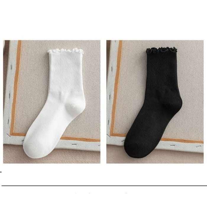 Frill Trim Plain Socks Set - Of 2 - White & Black / One Size