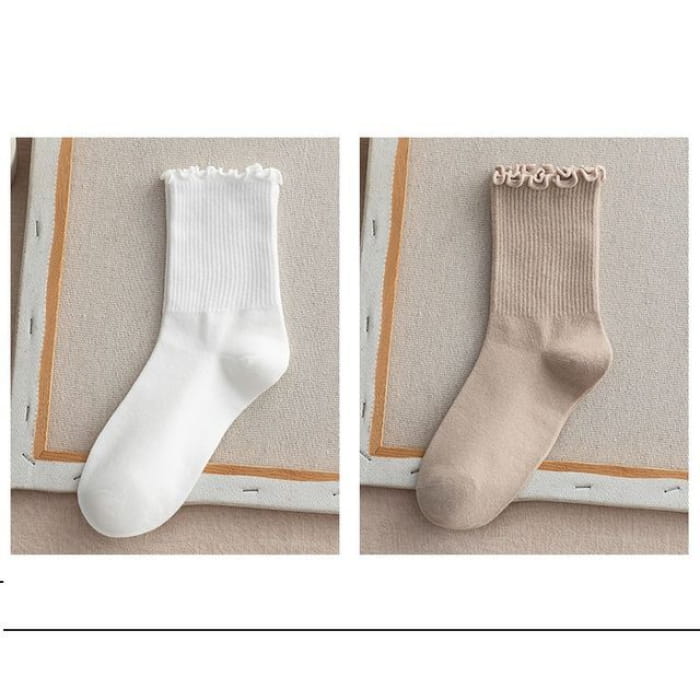 Frill Trim Plain Socks Set - Of 2 - White & Khaki / One Size