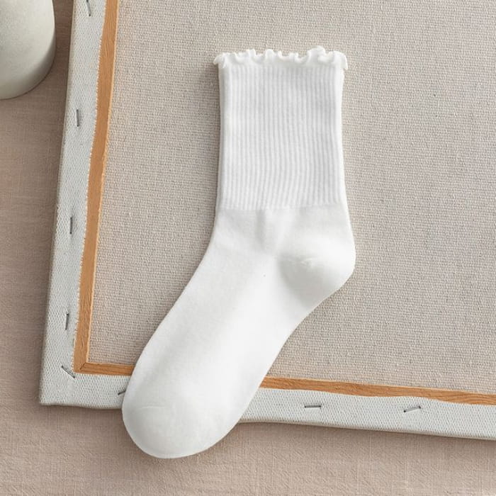 Frill Trim Plain Socks Set - Of 2 - White / One Size