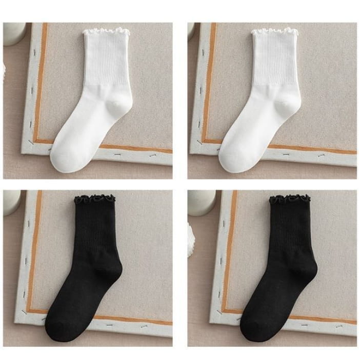 Frill Trim Plain Socks Set - Of 4 - 2 Pcs White & Black