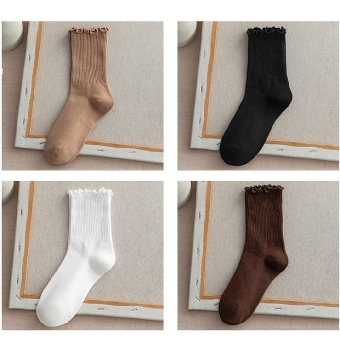 Frill Trim Plain Socks Set - Of 4 - Light Coffee & White