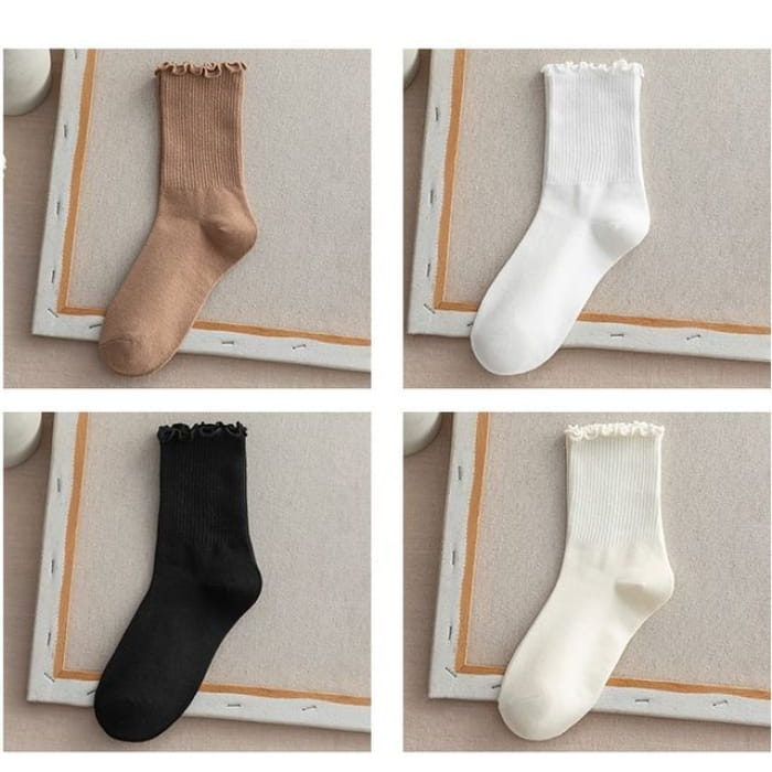 Frill Trim Plain Socks Set - Of 4 - Light Coffee & White