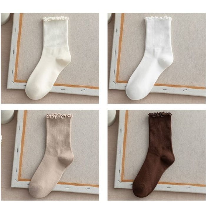 Frill Trim Plain Socks Set - Of 4 - Milky White & Khaki