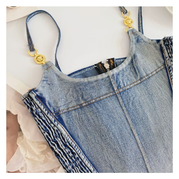 Fringed Denim Crop Cami Top