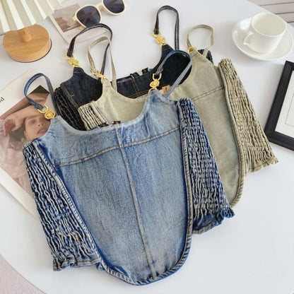 Fringed Denim Crop Cami Top