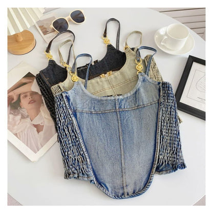 Fringed Denim Crop Cami Top