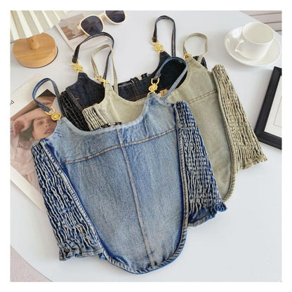 Fringed Denim Crop Cami Top