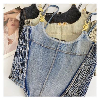 Fringed Denim Crop Cami Top