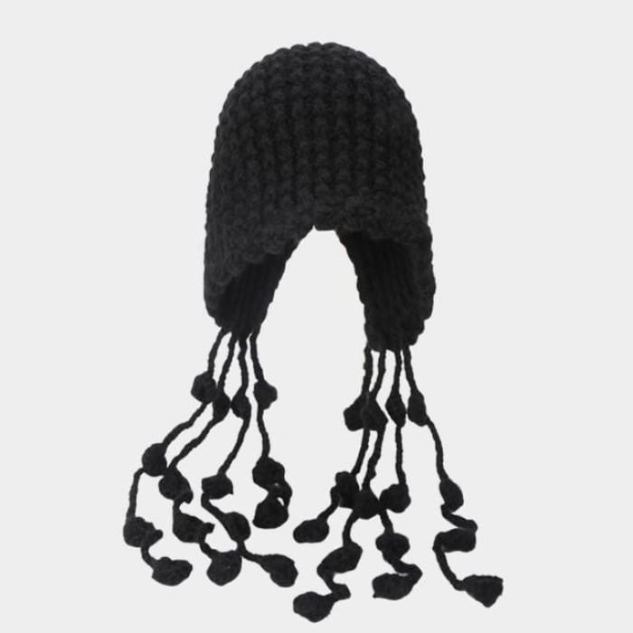 Fringed Knit Cloche Hat - Black / One Size - Hats