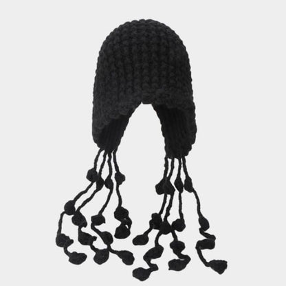 Fringed Knit Cloche Hat - Black / One Size - Hats