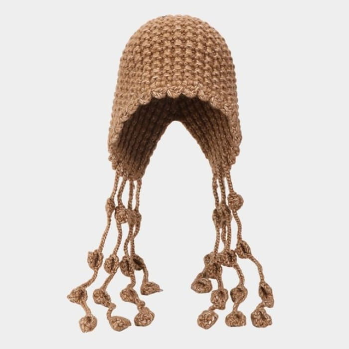 Fringed Knit Cloche Hat - Khaki / One Size - Hats