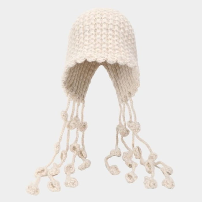 Fringed Knit Cloche Hat - Off-White / One Size - Hats