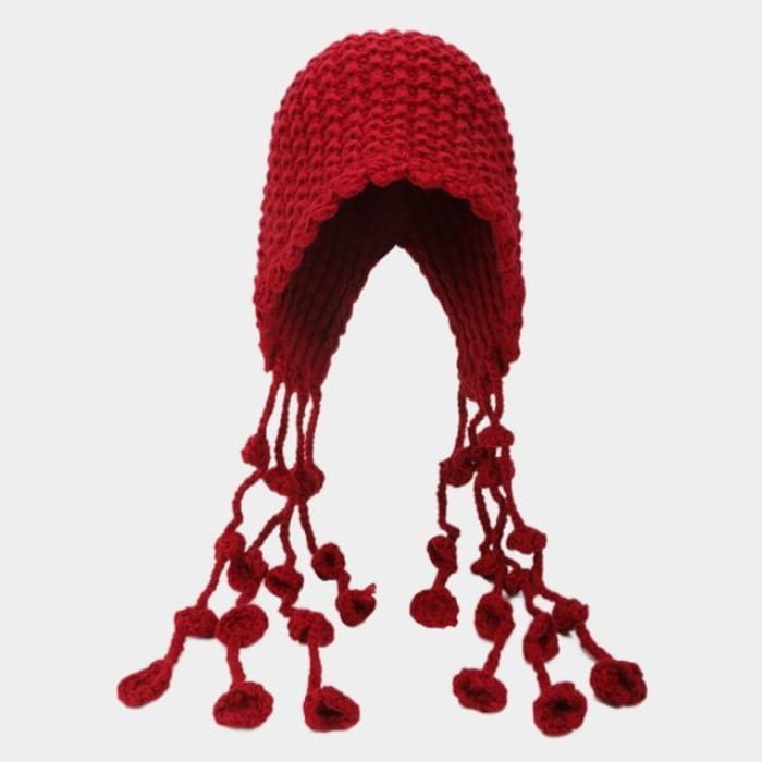 Fringed Knit Cloche Hat - Red / One Size - Hats