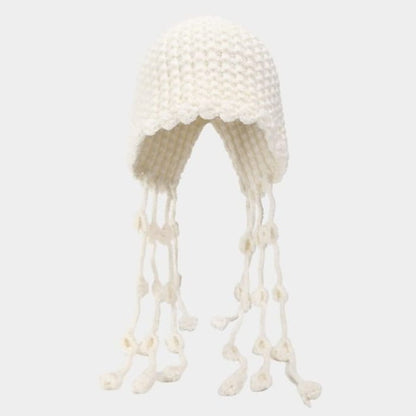 Fringed Knit Cloche Hat - White / One Size - Hats