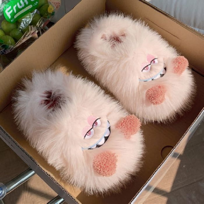 Frog Fluffy Slippers - High-back - Pink Eyes Face - 36 to 37