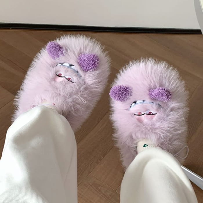 Frog Fluffy Slippers - High-back - Pink Eyes Face - Light