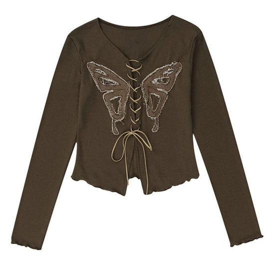 Front Lace Butterfly Top - S / Brown - Tops