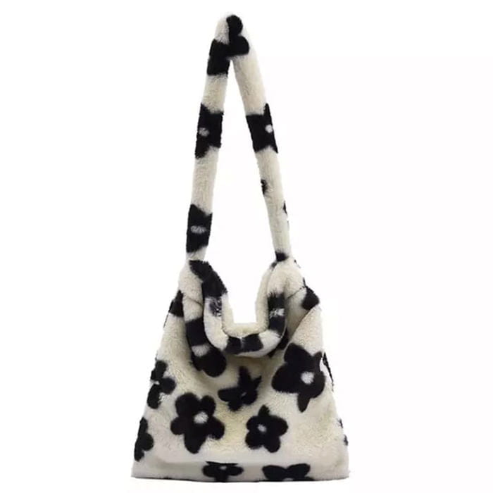 Fuzzy Flower Shoulder Bag - Black - Handbags