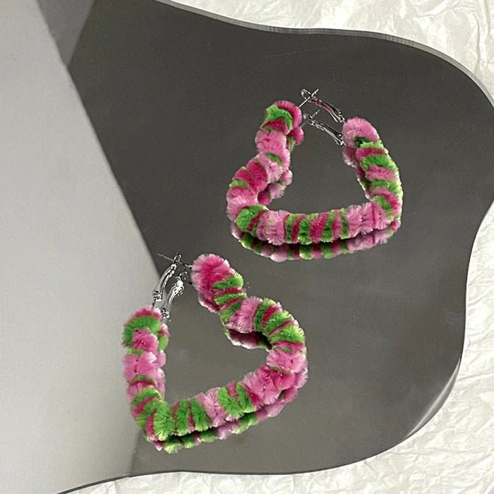 Fuzzy Heart Hoop Earrings - Standart / Green/pink - earrings