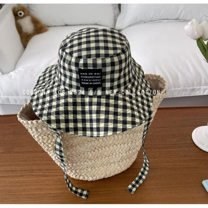 Gingham Applique Bucket Hat - Plaid - Black & White