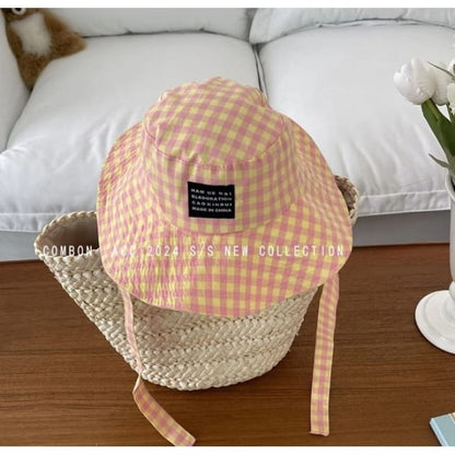 Gingham Applique Bucket Hat - Plaid - Pink & Yellow