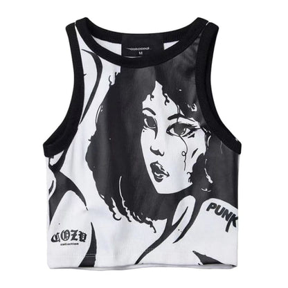 Girl Print Ribbed Top - S / Black/white - Tops