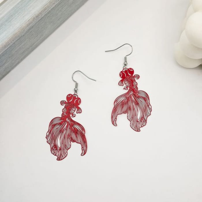 Goldfish Drop Hook Earring - 1 Pair - E6088-6 - Red