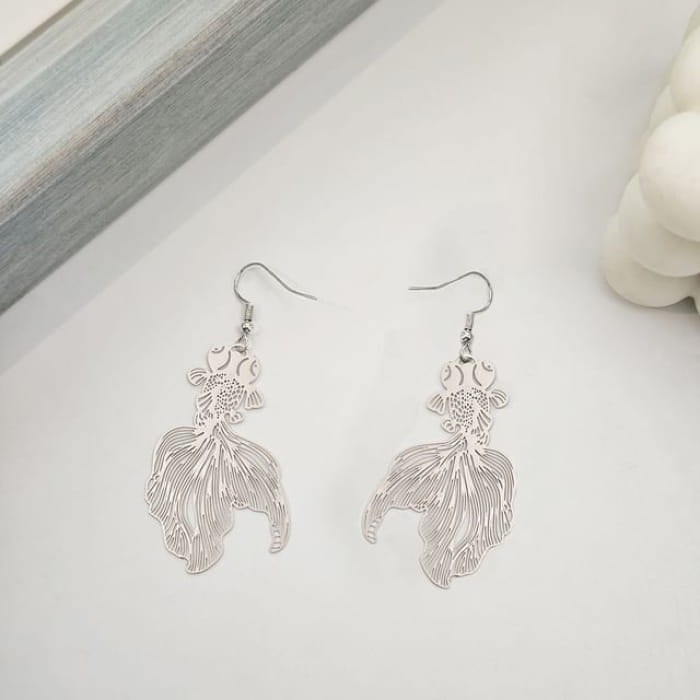 Goldfish Drop Hook Earring - 1 Pair - E6088-8 - Silver