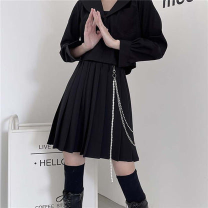 Gothic Chain Pure Color Pleated Skirt